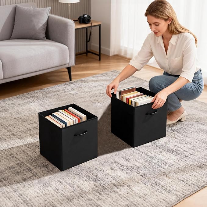 WUIKE 11-Inch Black Cube Storage Bins, Leather Front, 4-Pack | Cubby Organizer Baskets with Handles for Shelves, Closets, Clothes, Toys, Towels, and Blankets