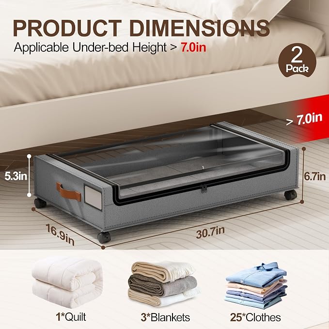 LAMU Under Bed Storage with Wheels, 2 Pack Under Bed Storage Containers with Clear Lid, XXL 60 L Underbed Storage Bins, Rolling Under Bed Metal Drawers for Clothes, Blankets, Shoes, Grey