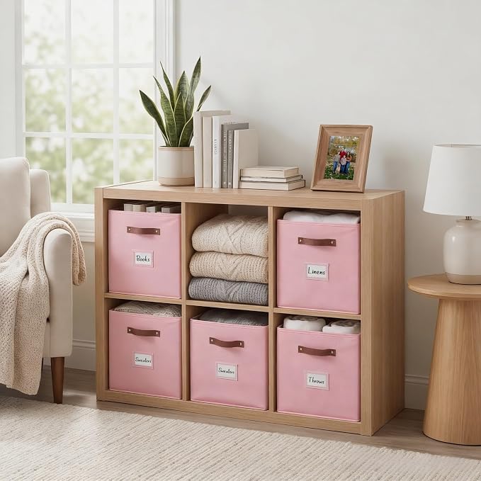 DECOMOMO Storage Bins, Cube Storage Bin with Labels | 10.5" x 11" Fabric Storage Cubes for Shelves (6pcs, Pink)