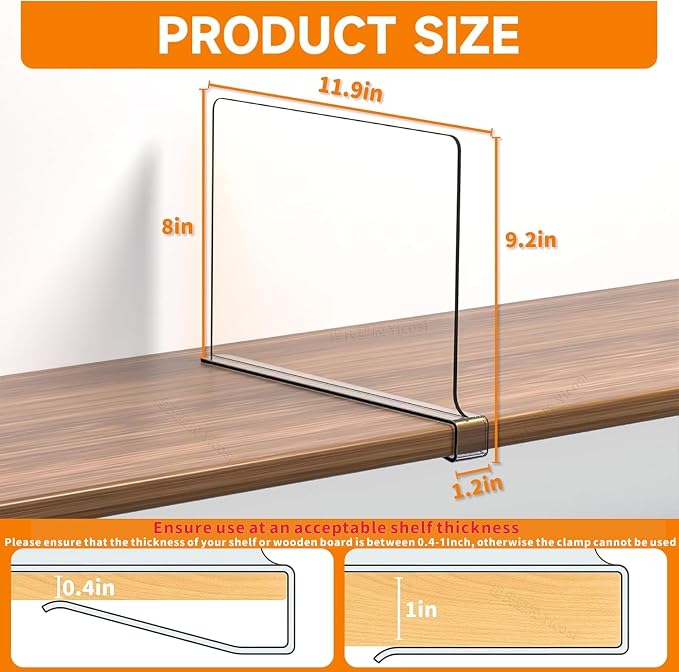 Yieach 10 Pack Clear Acrylic Shelf Divider for Closet Organization - 9.2″ Tall Closet Dividers for Wood Shelves,Cupboard,Vertical Shelf Separators in Closet for T-Shirt,Purse,Handbag,Sweater Organizer
