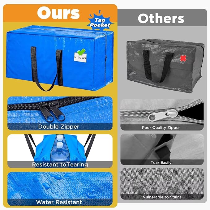BETU 6 Pack Moving Bags Moving Storage College Dorm Camping Packing Travel PE Heavy Duty, Sturdy Handle, Zipper Large Storage Tote Bag Moving Boxes Box Alternative - Blue 29L x 14W x 13H