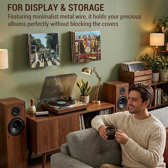 MyGift Modern Metal Wire Wall Mounted Vinyl Records Storage Racks, Hanging LP Record Holders, Floating Album Cover Display Shelves, Set of 2 (Silver-2 Pcs)