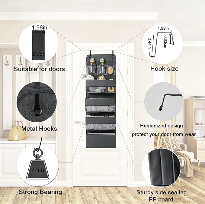 Jay-Chi Over Door Hanging Organizer Storage - 7 Large Pockets Closet Bathroom Organizer Perspective Window Wall Mount Rack for Clothes Sundries(Grey)