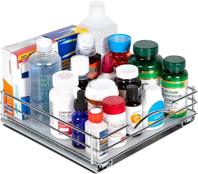 Pull-Out Cabinet Spice Rack Organizer, 10 ⅜"W x 10 ⅜"D x 2 ¾"H | Slim Slide-Out Storage for Spices, Bottles & Jars, Premium Heavy-Duty Steel, Easy Install for Narrow Kitchen Cabinets, Chrome