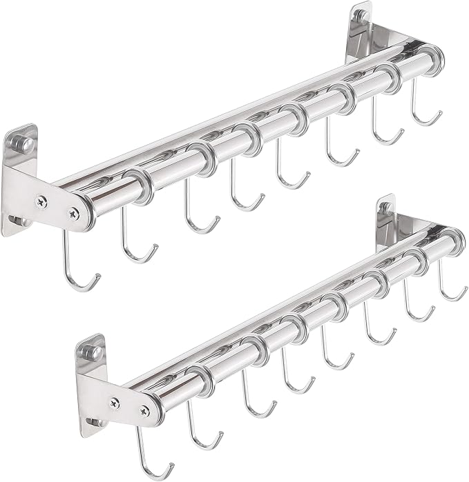 Dseap Pot Rack - Pots and Pans Hanging Rack Rail with 8 Hooks, Double Bars, Pot Hangers for Kitchen, Wall Mounted, Chromed, Pack of 2
