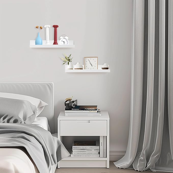 Muzilife 16" Floating Wall Ledge Shelves with Lip - Set of 2 Wood Floating Shelves - White Wall Mounted Picture Ledge for Office, Bathroom, Bedroom, Living Room, Kitchen