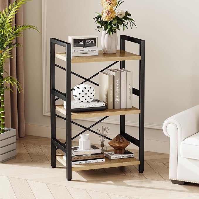 Homeiju Bookshelf, 3 Tier Industrial Bookcase, Metal Small Bookcase, Rustic Etagere Book Shelf Storage Organizer for Living Room, Bedroom, and Home Office(Light Coffee) Patent Pending D29873033