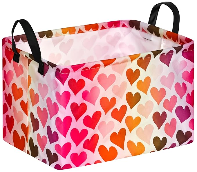 Rectangular Valentines Basket Storage Bin for Shelves Girls Gifts Baskets Foldable Box with Handles for Home Office Car Dormroom Valentine's Day Party Supplies