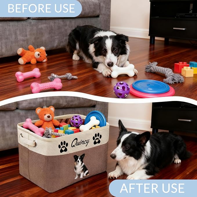 Customized Pet Toy Storage Basket - Personalized Dog & Cat Toy Organizer with Name, Foldable & Durable Fabric Bin for Pet Supplies, Organizer for Toys, Coats, Clothing, Blankets Grey