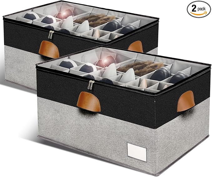 Shoe Organizer for Closet, Foldable Shoe Storage Bins with Clear Cover, Space Saving Shoes Holder with 4 Handles, Large Adjustable Shoe Box Storage Containers, Fits 12-24 Pairs, 2 Pack, Black
