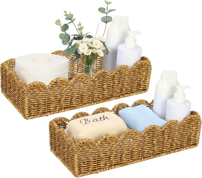 Toilet Paper Storage Organizer Basket, Scalloped Decorative Baskets for Over Toilet Shelves,Water Resistant & Easy Clean Handmade for Tank Top & Counter