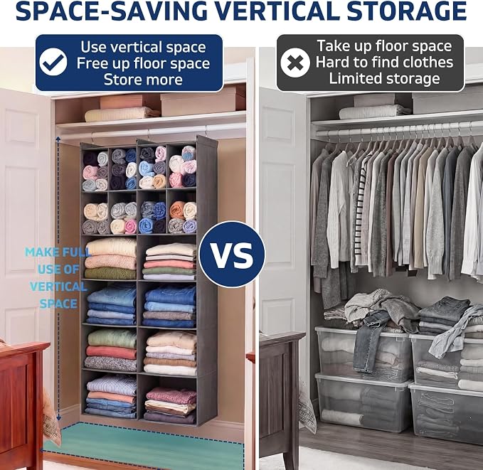 Ofiray-home 6 Tier Hanging Closet Organizer, 16 Compartments Sweater Organizer for Closet with 3 Sturdy Hooks, Closet Organizers and Storage, Wardrobe, Rv, Garment Rack, Grey