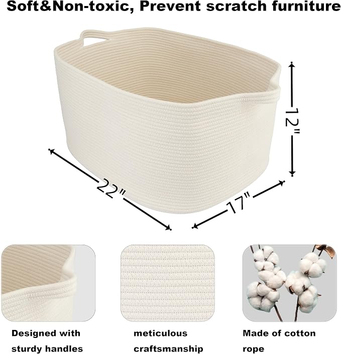 XUANGUO Large Rectangle Blankets Basket Living Room 22"x17"x12" Woven Cotton Rope Storage Baskets for Nursery Toy Baskets for Kids and Dogs Laundry Basket Bin for Clothes Towels white