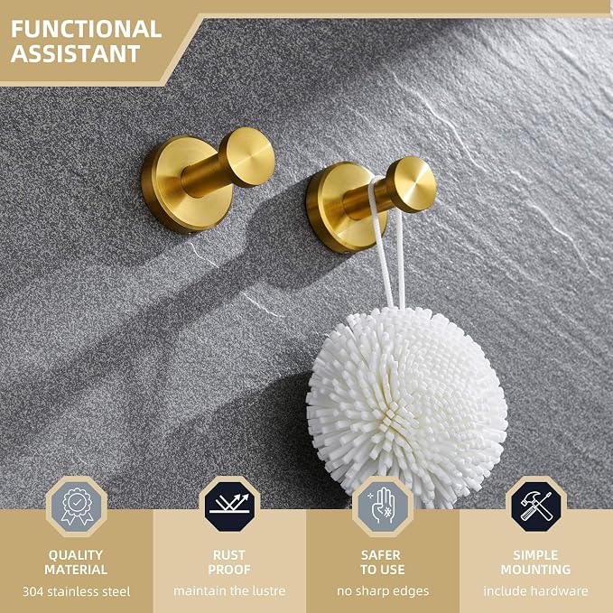 Angle Simple Towel Hooks, SUS 304 Stainless Steel Coat Robe Wall Hooks, Bathroom Hand Towel Hanger, Brushed Dark Gold, 2 Pack