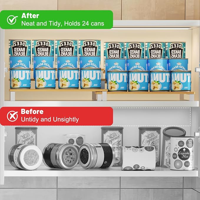 Expandable Can Organizer for Pantry, 3-Tier Adjustable Bamboo & Iron Can Rack for Cabinets, Easy Access Food Storage Shelf for Canned Goods