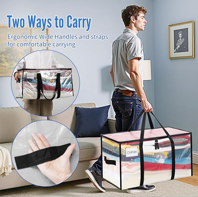BAGAIL Heavy Duty Moving Bags with Strong Handle, Extra Large Moving Boxes, Storage Tote for Clothes, College Moving Supplies(Clear, 8 Pack)