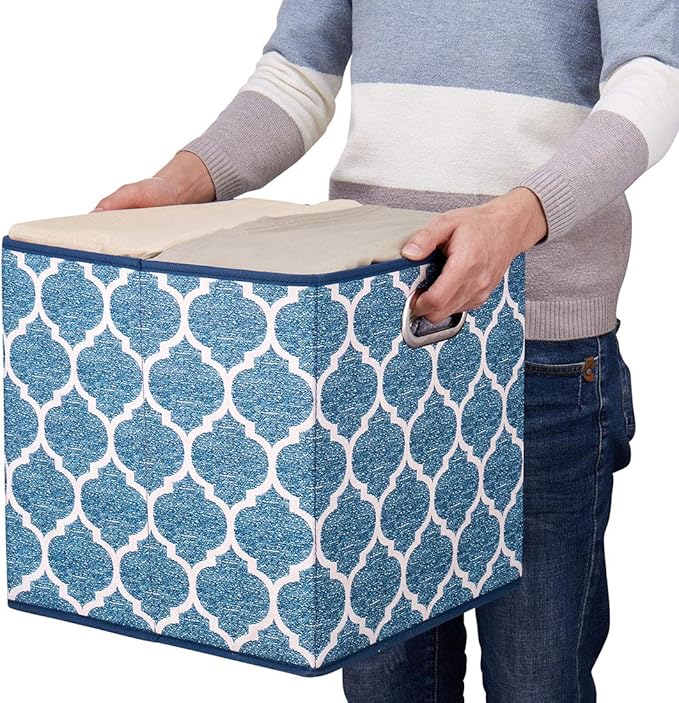 Cloth Storage Bins Set of 4 Thick Fabric Drawers Foldable Cubes Basket Organizer Container with Dual Metal Handles for Shelf Cabinet Bookcase Boxes Navy-Blue 13x13x13 inch
