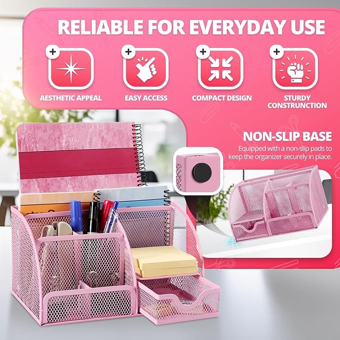 Flexzion Desk Top Caddy Organizer - Pink Office Desk Accessories Organizer and Storage - Metal Mesh Desk with 6 Compartments, Drawer and Pen Holder | Compact desktop caddy with separate pen holder; 8.7 x 5.5 x 5 in for office supplies, home study, or d...