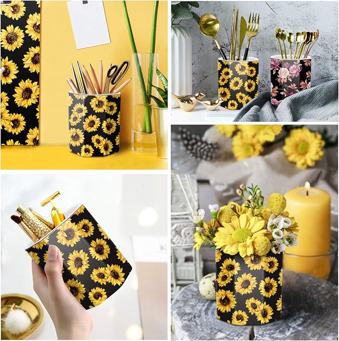 Pen Holder, Pencil Holder for Desk Floral Pattern Pencil Cup for Girls Kids Durable Ceramic Desk Organizer Makeup Brush Holder for Office, Classroom, Home, Sunflower