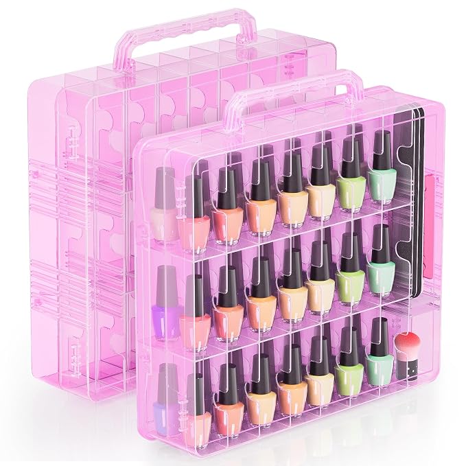 Beloving Nail Polish Organizer Pack of 2, Portable 48 Bottles Clear Nail Polish Holder with Adjustable Divider, Gel Nail Polish Storage Double Side Nail Polish Organizer Case for Nail Tech Pink