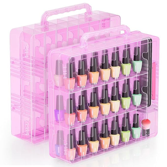 Beloving Nail Polish Organizer Pack of 2, Portable 48 Bottles Clear Nail Polish Holder with Adjustable Divider, Gel Nail Polish Storage Double Side Nail Polish Organizer Case for Nail Tech Pink