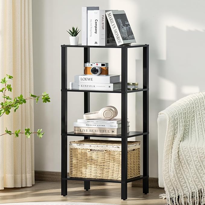 YUFAM 4 Tier Tall Wooden Bookshelf with Storage - Small Bookcase for Small Spaces, Shelf for Living Room, Office, Bedroom, Kitchen - Industrial Modern Black Book Shelf