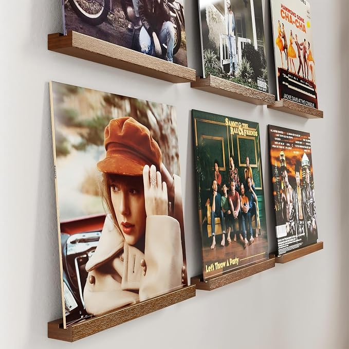 Emfogo Vinyl Record Shelf Wall Mount, 6 Pack Album Record Holder Wall, 12 inch Vinyl Record Storage Shelves Wall, Wood Record Display for Living Room (Walnut)