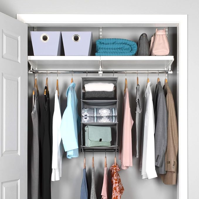 HOLDN’ STORAGE Hanging Closet Organizer with Garment Rod, 3-Shelf | Heavy Duty Hanging Shelves for Clothes, Sweaters & Shoes, 600D Fabric Storage Unit with Built-in Clothing Rod, Grey