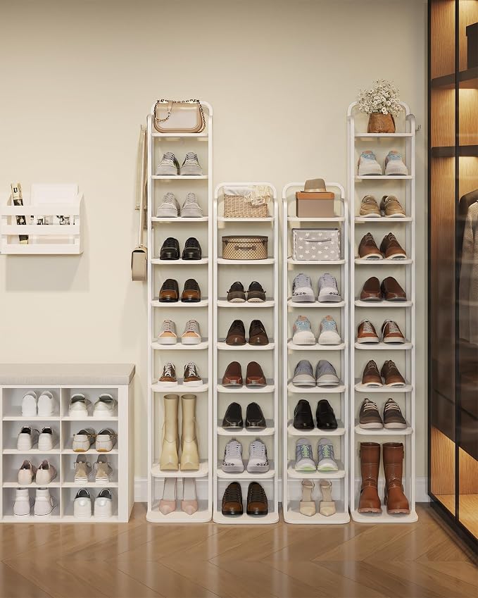 Hzuaneri 8 Tiers Vertical Shoe Rack, Narrow Shoe Tower, Tall Shoes Shelf with 2 Hooks, Adjustable Shelves, Corner Shoes Shelves for Small Spaces, Entryway, Living Room, White SR04313W