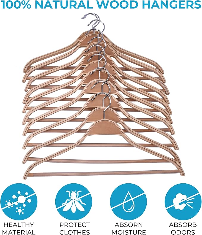 JS Hanger Wooden Coat Hangers, 10 Pack Light Weight Wood Coat/Suit Hangers with Non-Slip Pant Bar, Natural Finish