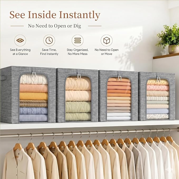 GoMaihe Clothes Storage Bin with Metal Frame: 6-Pack Stackable Closet Storage Bin with Lid & Clear Window, Sweater Boxes Storage for Closet Bedding Clothing Storage Organizer 40L
