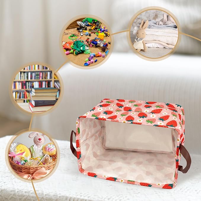 Strawberry Storage Basket Waterproof Canvas Toy Storage Bin Strawberry Shortcake Room Decor Collapsible Outdoor Basket with Leather Handles Blanket Baskets For Closets,Bedrooms,Gifts Baskets