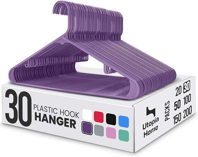 Utopia Home Plastic Hangers 30 Pack – Built-in Strap Hooks Purple | Space saving | Durable & strong | Closet organizer | Clothes hangers | Ideal for shirts, pants, skirts & coats