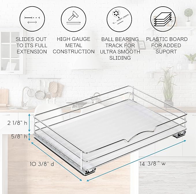 Pull-Out Cabinet Spice Rack Organizer, 14 ⅜"W x 10 ⅜"D x 2 ¾"H | Slim Slide-Out Storage for Spices, Bottles & Jars, Premium Heavy-Duty Steel, Easy Install for Narrow Kitchen Cabinets, Chrome