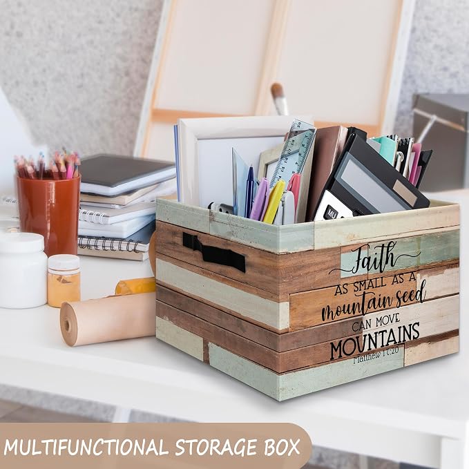 Retro Farmhouse Christian Bible Basket Foldable Storage Bins Box with Handles, Matthew 17:20 Bible Verse Religious Collapsible Organizer Basket for Christian Home Room Clothes Toys Books