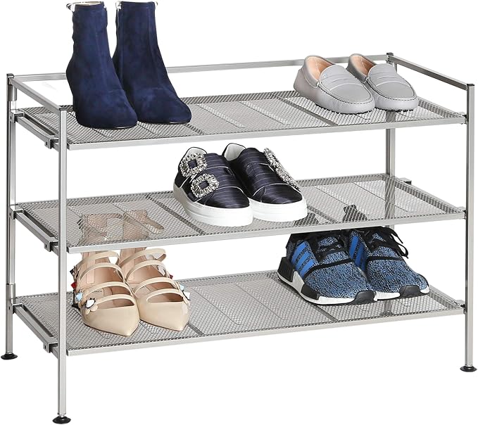 Seville Classics Multi Level Shoe Rack Sturdy Freestanding Shelf for Bedroom, Closet, Entryway, Stackable Durable Metal Home Storage, 3-Tier, 12-Pair Mesh, Satin Pewter Mesh 1 Piece