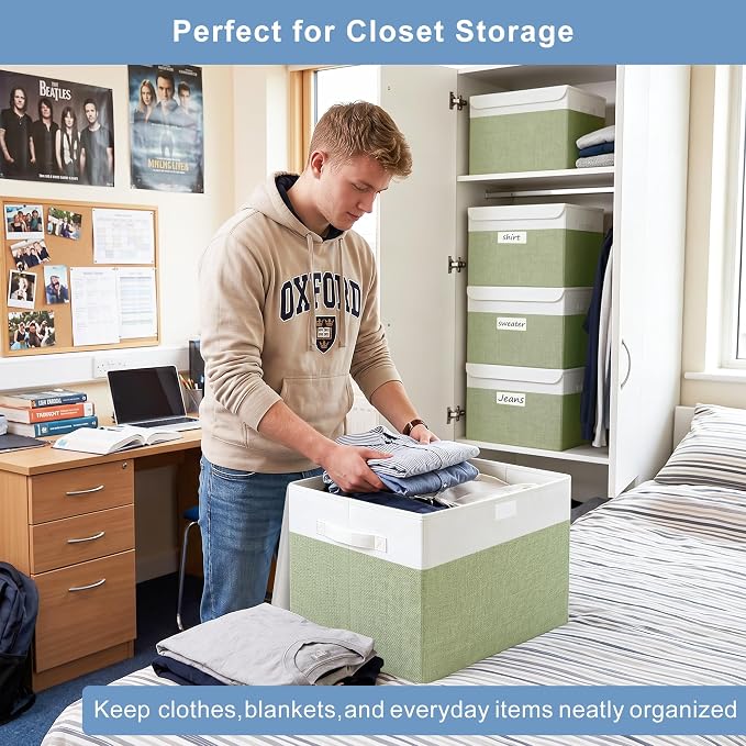 Large 17" 42 Quarts Collapsible Stackable Storage Bins with Lids [3-Pack] Foldable Fabric Linen Storage Boxes Cube, Closet Organizer Baskets with Label for Home (16.7 x 12 x 12", Green & White)