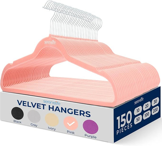 SereneLife Velvet Hangers – 150 Pack, Slim & Space Saving for Closets | Soft velvet grip prevents slipping on silk, satin & knitwear – 360° swivel hook fits all standard closet rods