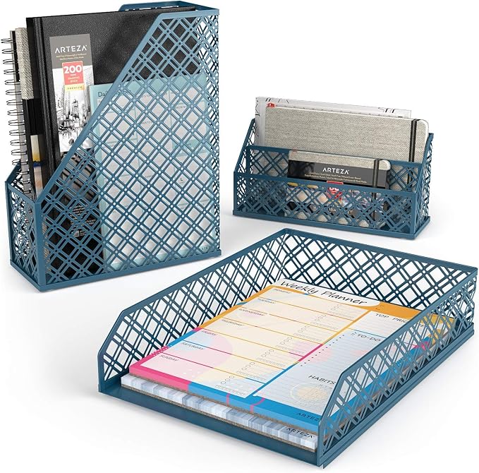 ARTEZA Desk Organizer Set, 6-Piece Dark Green, Includes Pencil Cup, Letter Sorter, Tray, Magazine Holder, Name Card & Sticky Note Holder