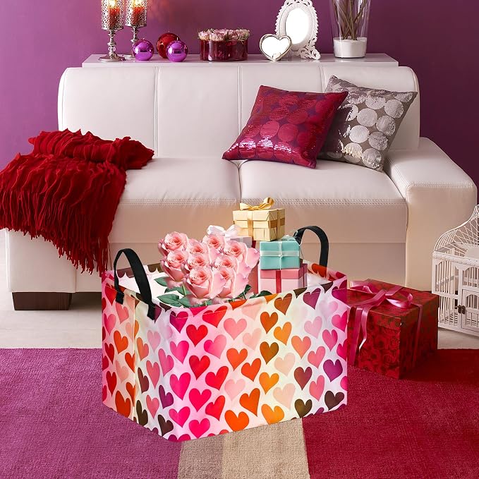 Rectangular Valentines Basket Storage Bin for Shelves Girls Gifts Baskets Foldable Box with Handles for Home Office Car Dormroom Valentine's Day Party Supplies