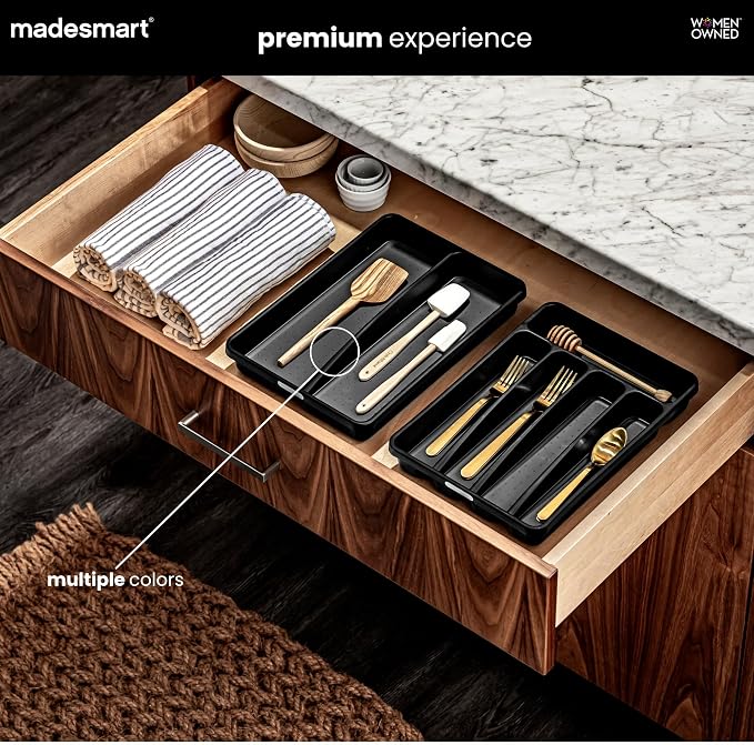 madesmart Small Utensil Tray, Multi Purpose Storage Organizer, Deep Storage for Ladles, Whisks & Serving Tools, Non Slip Lining, for Drawers & Home Organization, White