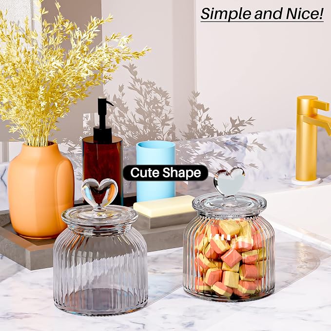 22 oz Clear Glass Canister with Cute Heart shaped Lids Set, Food Storage Glass Jars with Airtight Lids for Kitchen and Dining Room, Stripe/Set of 2