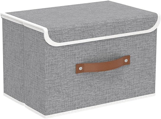 Yawinhe Collapsible Storage Bin, Cube Organizer Basket, Fabric Box with Lids, Washable and Leather Handle, for Home, Closet, Grey, 15.0''Lx9.8''Wx9.8''H, 1-Pack, USNK024GL-1