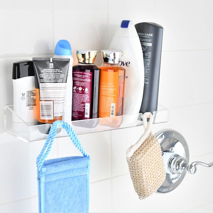 AMT 2 Pack Acrylic Floating Shelves, 15"L x 4.8"W, Clear Bathroom Wall Shelves, Bookshelves, Invisible Shelf For Office, Bedroom, Kitchen, Design with Hanging Slots for Sponge, Free Screws & Drill Bit