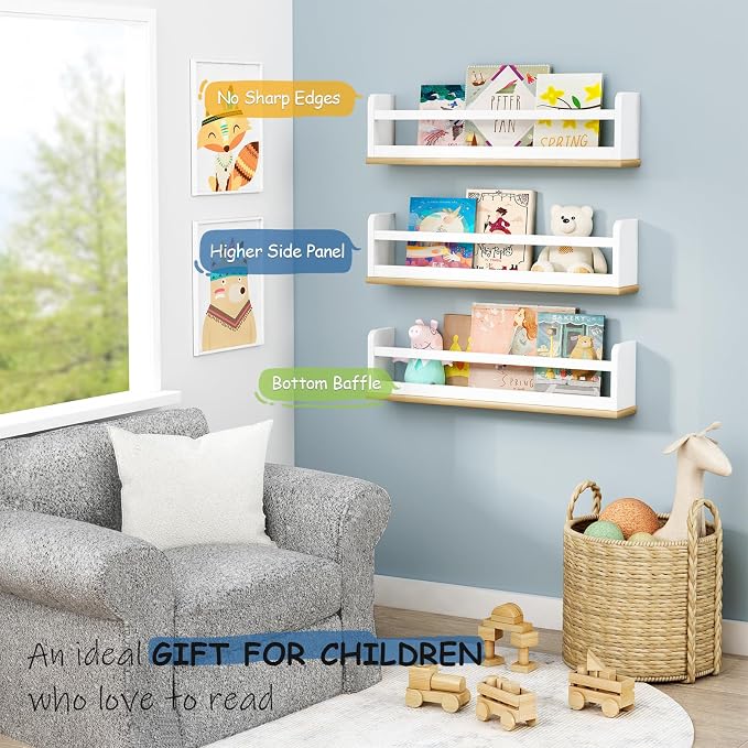 Harwaya Floating Nursery Book Shelves for Wall, 24 Inch Long Wall Bookshelf for Kids Room, White and Natural Wood Hanging Bookshelves for Baby Toddler Childrens Kids Bedroom Bathroom (Set of 3)