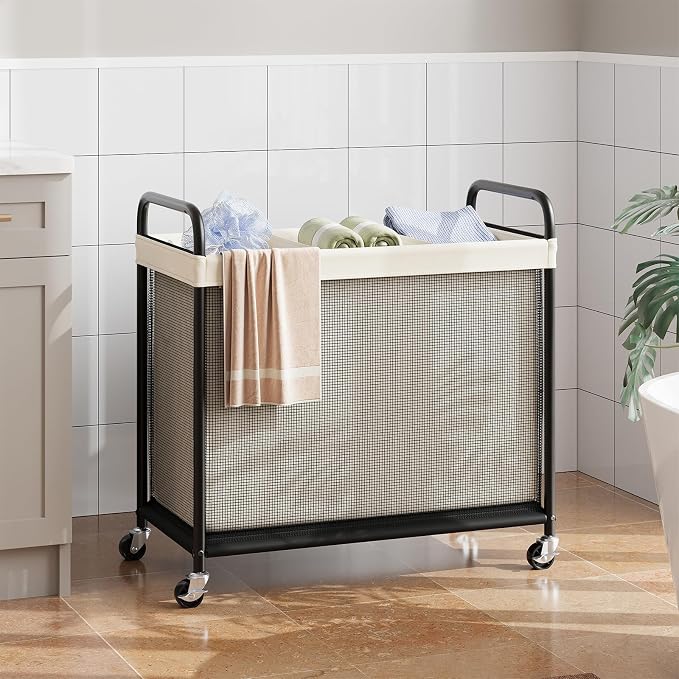 ELYKEN Laundry Hamper 3 Section, 120L Rolling Laundry Sorter with Removable Liner Bag, Laundry Basket with Wheels, Steel Frame with Metal Handle, Clothes Hamper Cart for Laundry Room & Bedroom