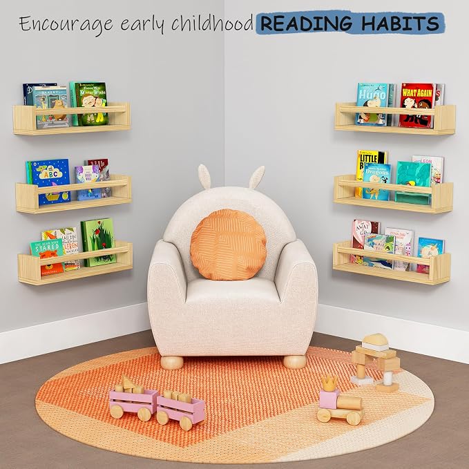 Harwaya Floating Nursery Book Shelves for Wall, Natural Wood Wall Bookshelf for Kids Room Bedroom, Small Wooden Hanging Baby Book Shelf and Toy Organizer for Nursery Girl Boy Toddler Child - Set of 3