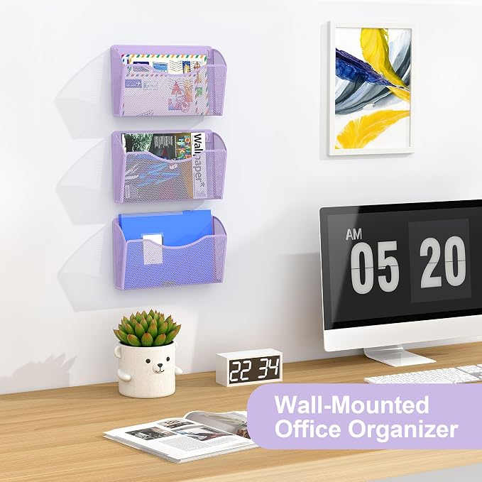 EasyPAG Wall File Organizer, Metal Mesh Hanging File Folder Holder for Letter/A4 Size Folders, Vertical Wall Mount Mail Sorter for Office Paperwork, Classroom, Purple