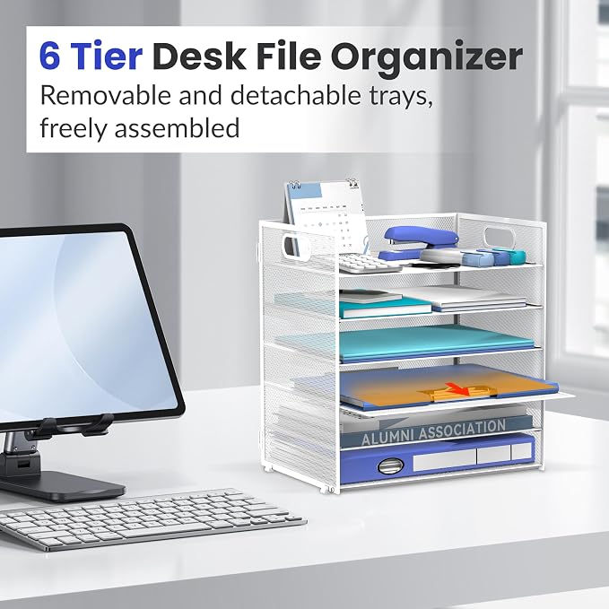 Daltack 6 Tier Paper Organizer for Desk, Paper Letter Tray Organizer for Desks, Mesh Desk File Organizers with Handle for Office, Home, School, White, 2 Pack