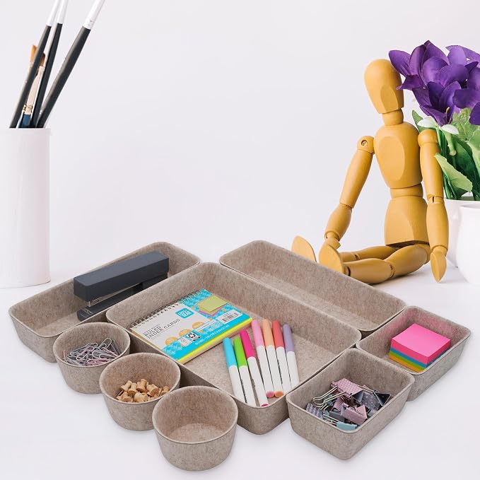 Welaxy Office Desk Drawer Organizers Trays Felt Shallow organizing Box Draw dividers for hygge aesthetics Office Supplies Multi-purposed Organize 8-piece (Oatmeal)